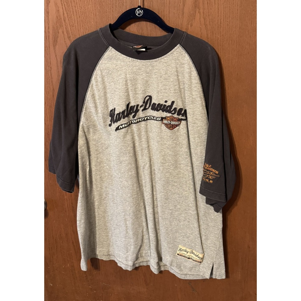 Harley Davidson T Shirt Lafayette Indiana Eagle Harley Two Tone Gray Sz XL Tub3